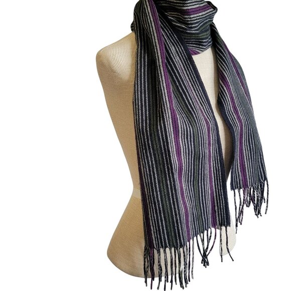 Vintage Scarf Cashmere Touch Striped Fringe Layering - Picture 2 of 7